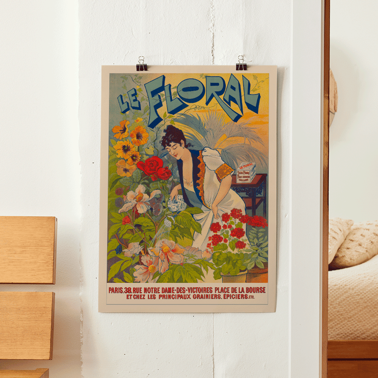 Le Floral artwork depicting a woman tending to vibrant flowers Poster of a woman watering colorful flowers with Le Floral in bold letters in the background titled Le Floral.