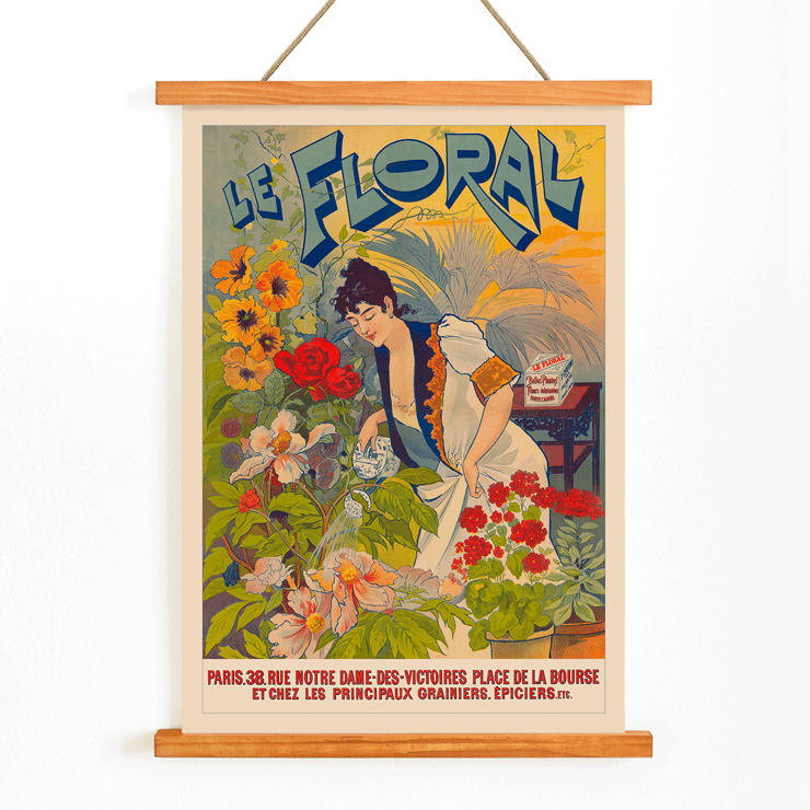 Le Floral artwork depicting a woman tending to vibrant flowers Poster of a woman watering colorful flowers with Le Floral in bold letters in the background titled Le Floral.