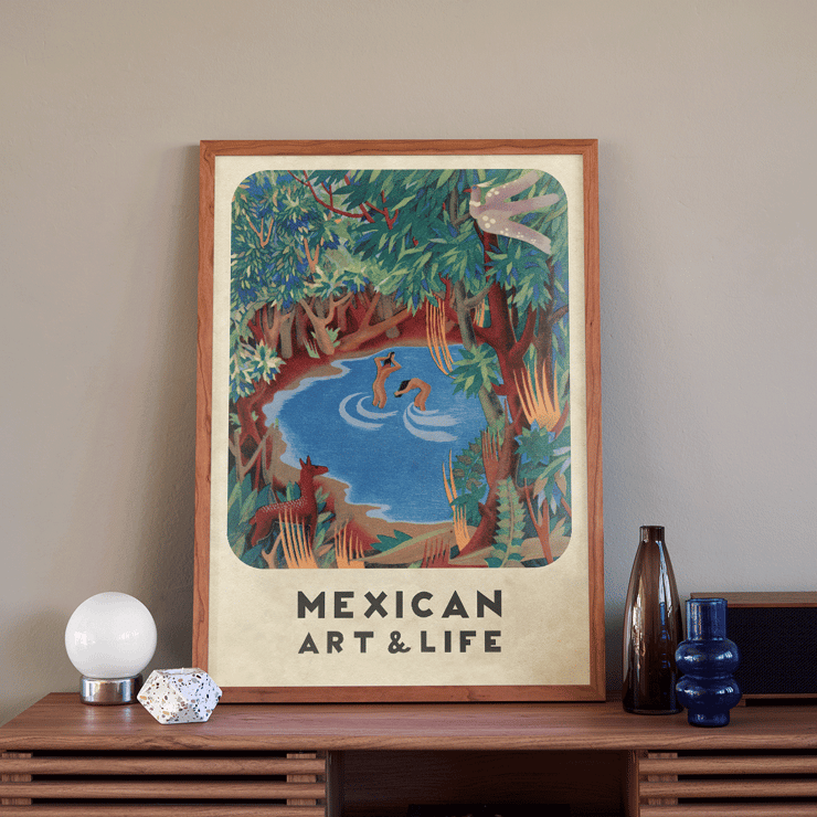 Cover art from Mexican Art & Life featuring colorful forest scene with water and wildlife. Poster featuring a vibrant forest scene with a pond and wildlife by Carlos Mérida from Mexican Art & Life.