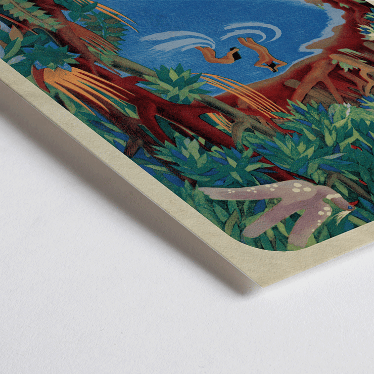 Cover art from Mexican Art & Life featuring colorful forest scene with water and wildlife. Poster featuring a vibrant forest scene with a pond and wildlife by Carlos Mérida from Mexican Art & Life.