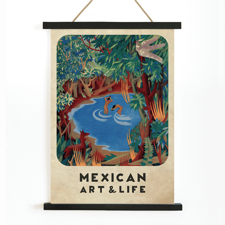 Cover art from Mexican Art & Life featuring colorful forest scene with water and wildlife. Poster featuring a vibrant forest scene with a pond and wildlife by Carlos Mérida from Mexican Art & Life.