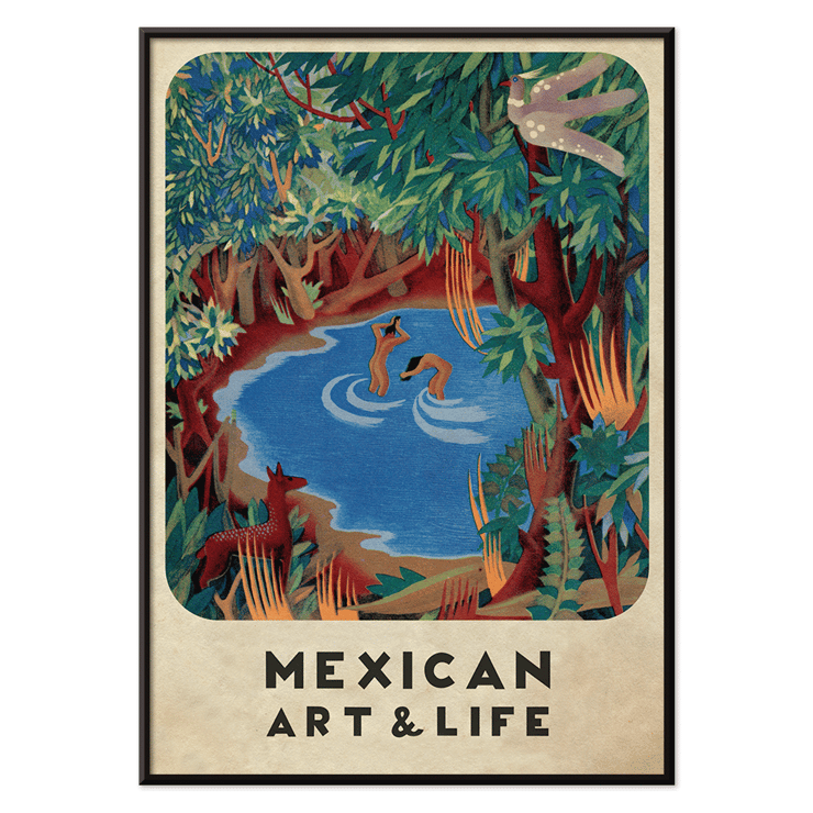 Cover art from Mexican Art & Life featuring colorful forest scene with water and wildlife. Poster featuring a vibrant forest scene with a pond and wildlife by Carlos Mérida from Mexican Art & Life.