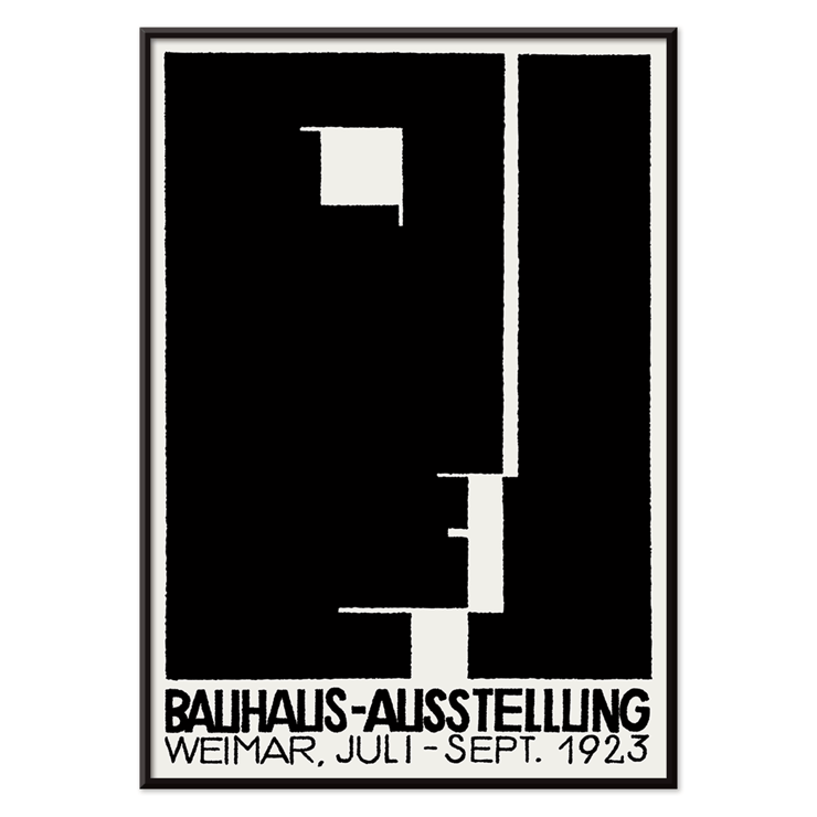 Schwarz-weißes geometrisches abstraktes Kunstwerk von Joost Schmidt von der Bauhaus-Ausstellung Weimar. Poster der Bauhaus-Ausstellung von László Moholy-Nagy mit abstrakten geometrischen Formen in Schwarz und Weiß.