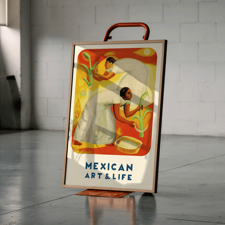 Diego Rivera painting featuring two women working in a vibrant field Mexican Art and Life publication cover. Poster titled Mexican Art & Life featuring two people in white dresses harvesting crops with a vibrant orange and yellow background.