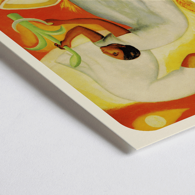 Diego Rivera painting featuring two women working in a vibrant field Mexican Art and Life publication cover. Poster titled Mexican Art & Life featuring two people in white dresses harvesting crops with a vibrant orange and yellow background.