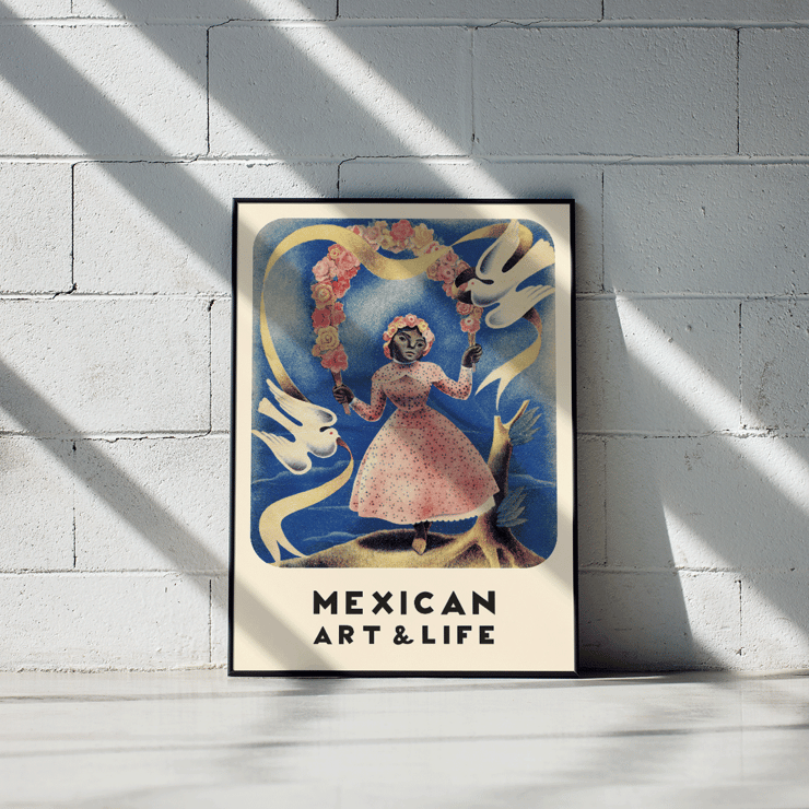 Cover of Mexican Art and Life featuring a girl with doves by Diego Rivera. Poster featuring a girl in a pink dress with floral crown and two white doves Diego Rivera Mexican Art and Life