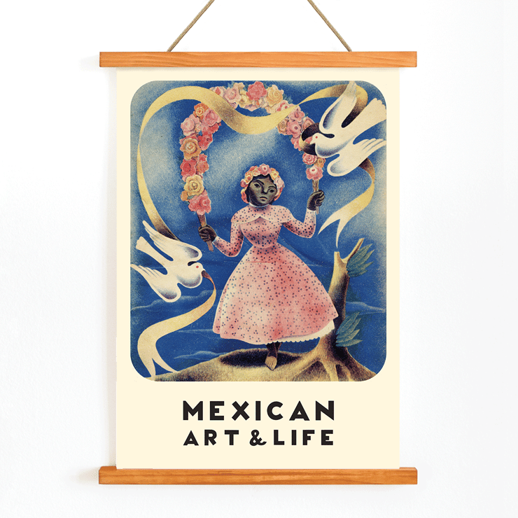 Cover of Mexican Art and Life featuring a girl with doves by Diego Rivera. Poster featuring a girl in a pink dress with floral crown and two white doves Diego Rivera Mexican Art and Life