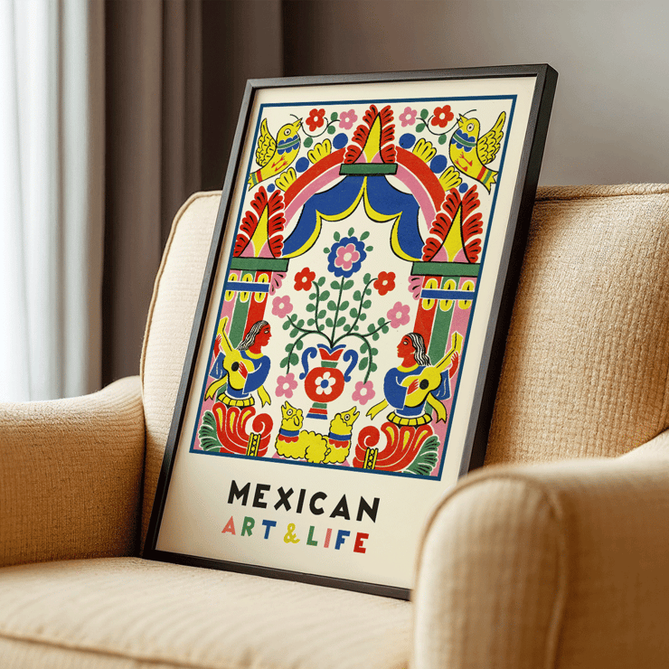 Illustration d'art populaire colorée de Mexican Art and Life par Carlos Merida mettant en vedette des oiseaux et des musiciens vibrants. Affiche d'art populaire colorée avec des musiciens, des fleurs, des oiseaux et des motifs vibrants. Numéro Art et Vie Mexicains par Anonymous.