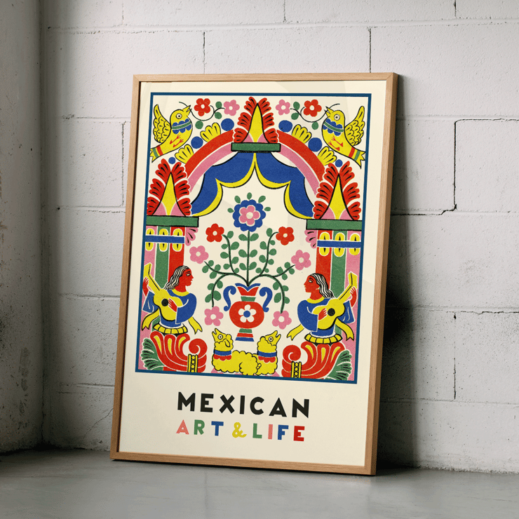 Illustration d'art populaire colorée de Mexican Art and Life par Carlos Merida mettant en vedette des oiseaux et des musiciens vibrants. Affiche d'art populaire colorée avec des musiciens, des fleurs, des oiseaux et des motifs vibrants. Numéro Art et Vie Mexicains par Anonymous.