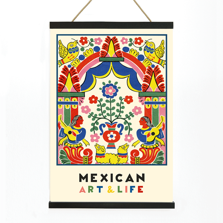 Illustration d'art populaire colorée de Mexican Art and Life par Carlos Merida mettant en vedette des oiseaux et des musiciens vibrants. Affiche d'art populaire colorée avec des musiciens, des fleurs, des oiseaux et des motifs vibrants. Numéro Art et Vie Mexicains par Anonymous.