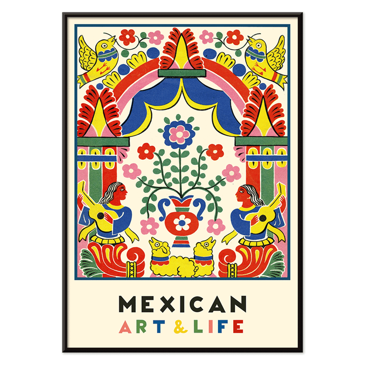 Illustration d'art populaire colorée de Mexican Art and Life par Carlos Merida mettant en vedette des oiseaux et des musiciens vibrants. Affiche d'art populaire colorée avec des musiciens, des fleurs, des oiseaux et des motifs vibrants. Numéro Art et Vie Mexicains par Anonymous.