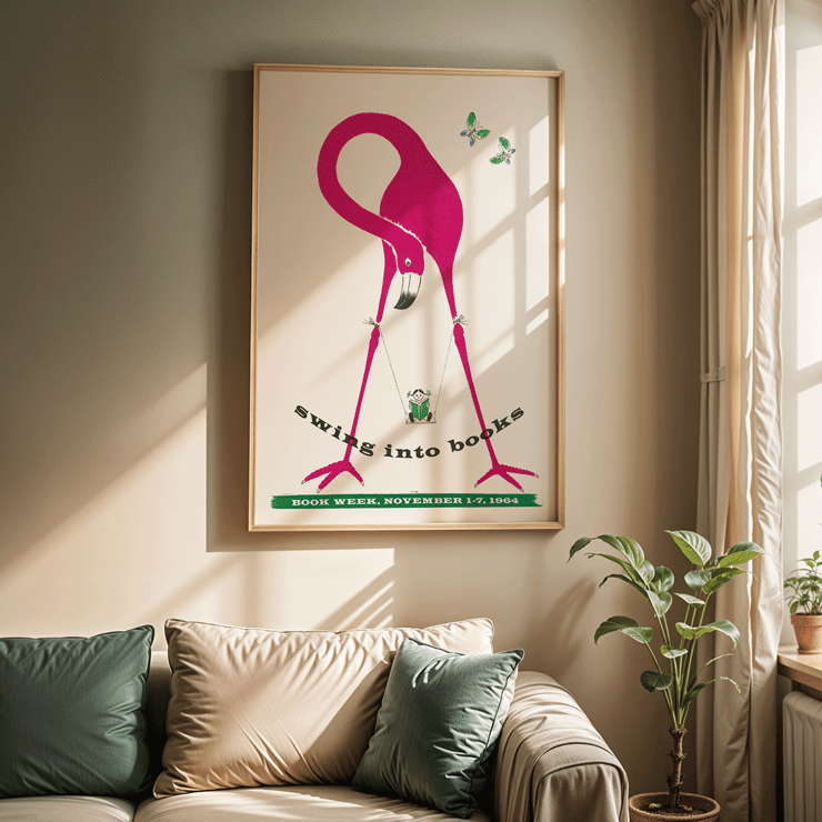 Flamingo holding a swinging book with butterflies by Swing into Books. Poster featuring a pink flamingo holding a swinging monkey with a book butterflies around art piece titled Swing into books