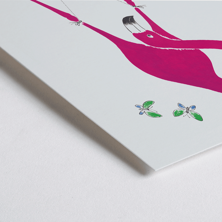 Flamingo holding a swinging book with butterflies by Swing into Books. Poster featuring a pink flamingo holding a swinging monkey with a book butterflies around art piece titled Swing into books