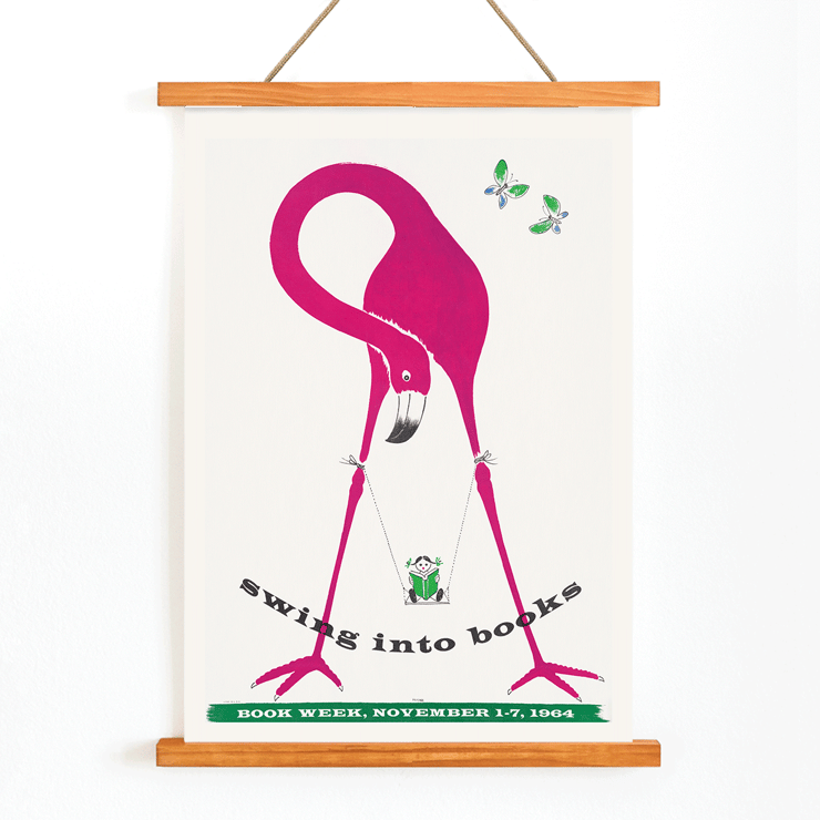 Flamingo holding a swinging book with butterflies by Swing into Books. Poster featuring a pink flamingo holding a swinging monkey with a book butterflies around art piece titled Swing into books