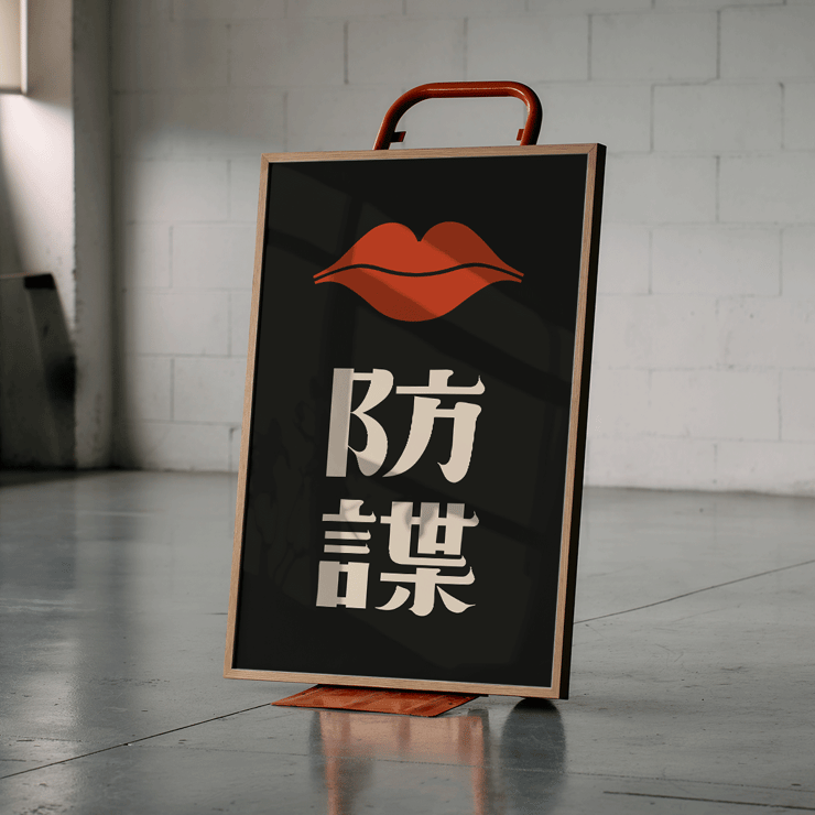 Red Lips d'Ikko Tanaka llavis vermells atrevits amb caràcters japonesos sobre fons negre Pòster amb llavis vermells sobre el text japonès en estil minimalista d'Ikko Tanaka titulat Red Lips