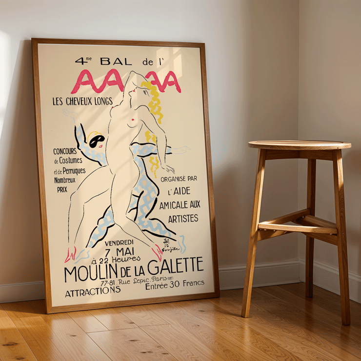 Artistic poster design featuring dancers by Foujita titled 4eme Bal de l'AAAA Poster titled 4eme Bal de l'AAAA by Foujita featuring an artistic depiction of two women with bold colors and elegant poses.