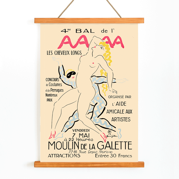 Artistic poster design featuring dancers by Foujita titled 4eme Bal de l'AAAA Poster titled 4eme Bal de l'AAAA by Foujita featuring an artistic depiction of two women with bold colors and elegant poses.