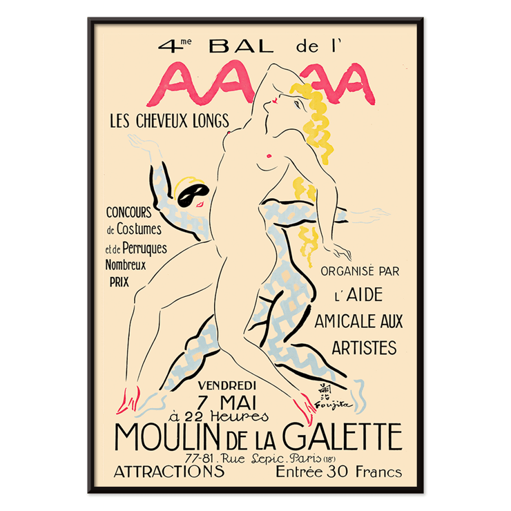 Artistic poster design featuring dancers by Foujita titled 4eme Bal de l'AAAA Poster titled 4eme Bal de l'AAAA by Foujita featuring an artistic depiction of two women with bold colors and elegant poses.