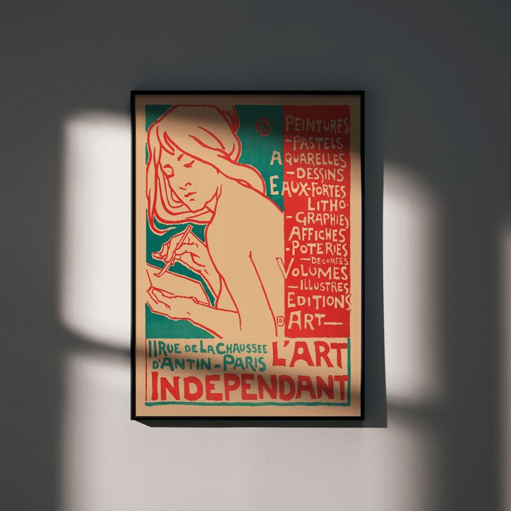 Art Nouveau poster featuring a woman drawing by Emile Berchmans titled L'Art Independant. Poster of a woman drawing with text advertising various art forms L'Art Independant by Emile Berchmans Paris location included