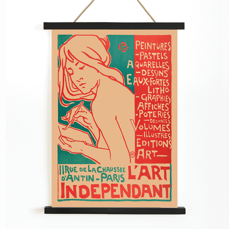 Art Nouveau poster featuring a woman drawing by Emile Berchmans titled L'Art Independant. Poster of a woman drawing with text advertising various art forms L'Art Independant by Emile Berchmans Paris location included