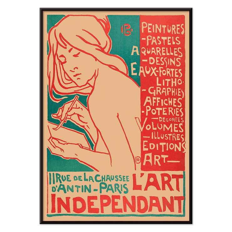 Art Nouveau poster featuring a woman drawing by Emile Berchmans titled L'Art Independant. Poster of a woman drawing with text advertising various art forms L'Art Independant by Emile Berchmans Paris location included