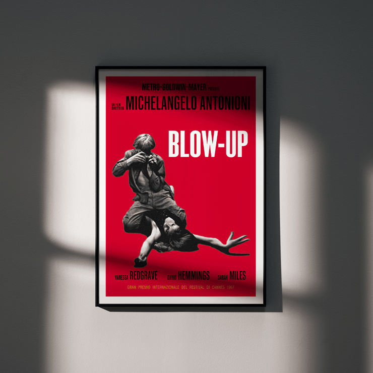 Michelangelo Antonioni Blow Up Movie poster featuring dramatic photography and vibrant red background Blow Up Movie poster features dramatic black and white imagery with red background by Michelangelo Antonioni.