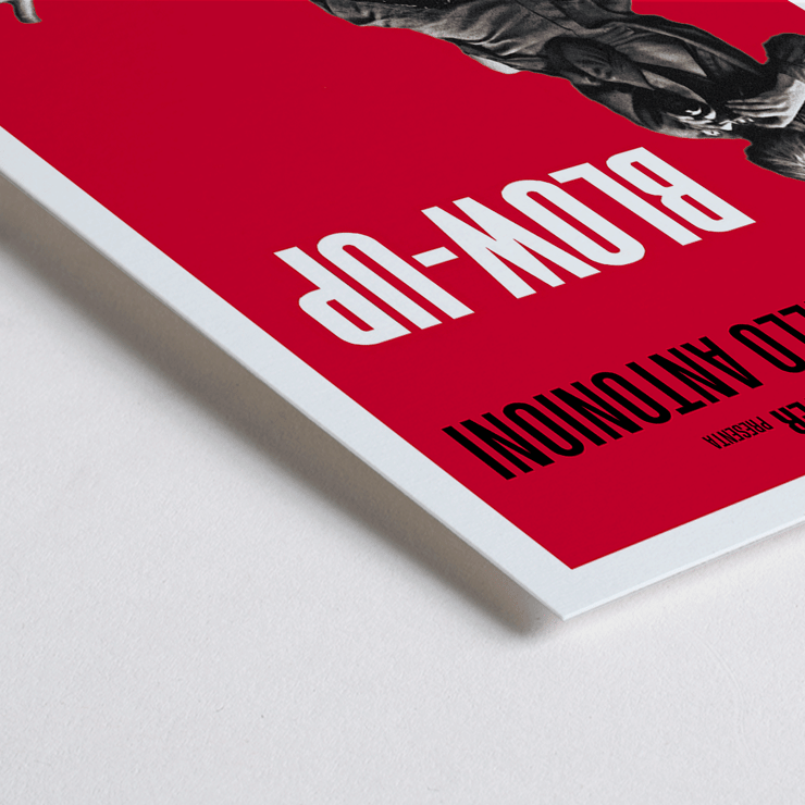Michelangelo Antonioni Blow Up Movie poster featuring dramatic photography and vibrant red background Blow Up Movie poster features dramatic black and white imagery with red background by Michelangelo Antonioni.