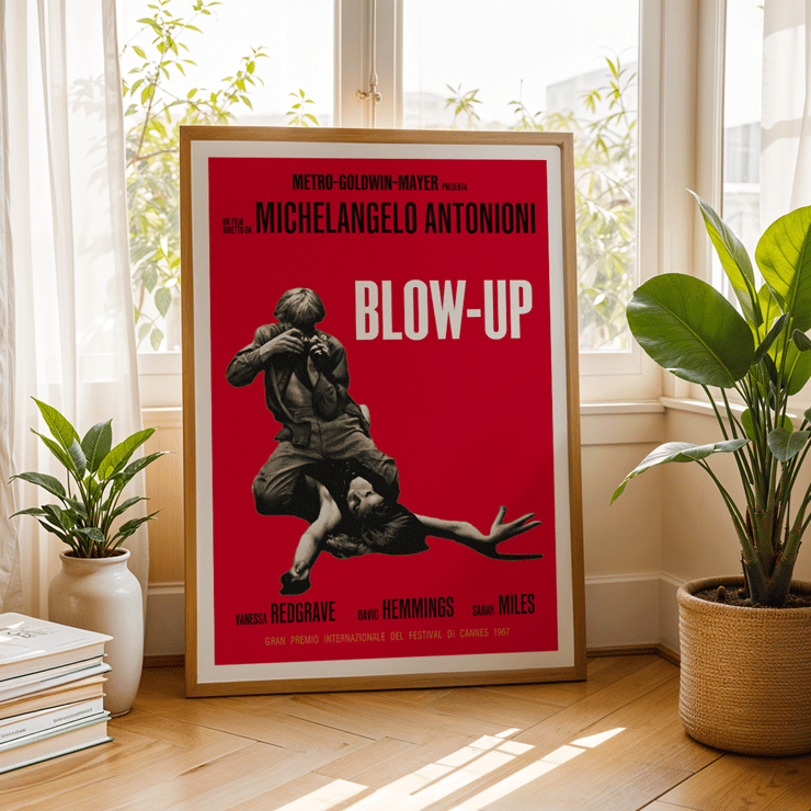 Michelangelo Antonioni Blow Up Movie poster featuring dramatic photography and vibrant red background Blow Up Movie poster features dramatic black and white imagery with red background by Michelangelo Antonioni.