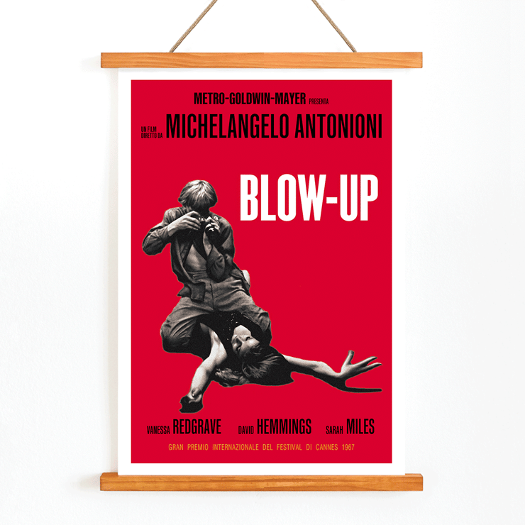 Michelangelo Antonioni Blow Up Movie poster featuring dramatic photography and vibrant red background Blow Up Movie poster features dramatic black and white imagery with red background by Michelangelo Antonioni.