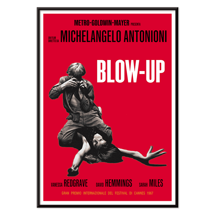 Michelangelo Antonioni Blow Up Movie poster featuring dramatic photography and vibrant red background Blow Up Movie poster features dramatic black and white imagery with red background by Michelangelo Antonioni.