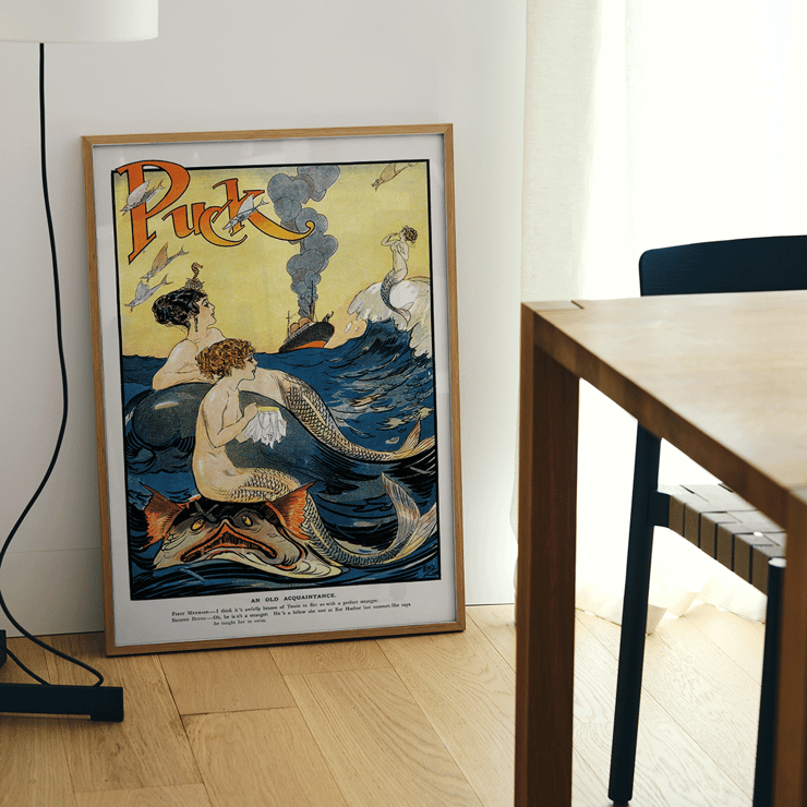 Mermaids sewing in vibrant ocean scene by Puck Magazine titled Mermaids sewing by artist Louis M Glackens Colorful vintage poster featuring mermaids in the ocean with a boat in the background by artist anonymously depicted. Puck Magazine.