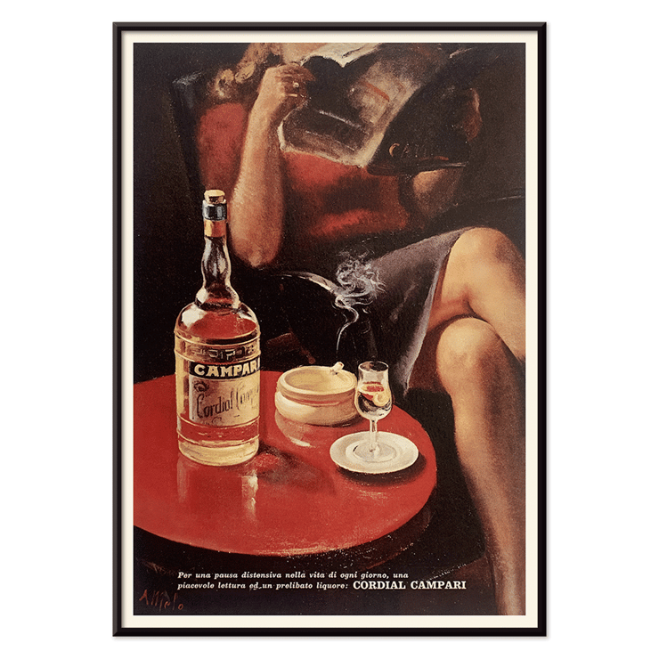 Cordial Campari Vintage poster by artist Miroglio featuring a woman relaxing with a drink and magazine. Cordial Campari Vintage poster by Nizzoli featuring a seated woman with a magazine and a bottle on a table.
