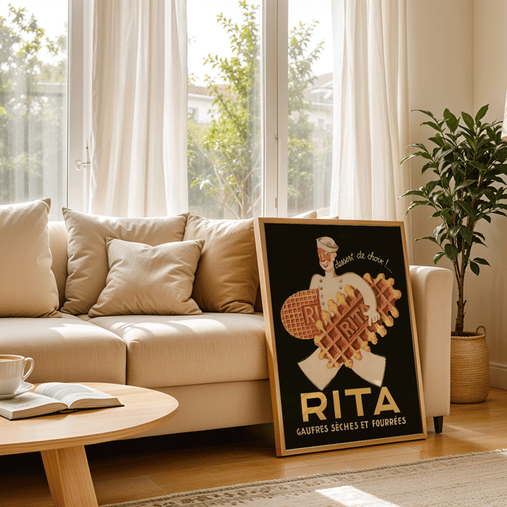 Chef holding waffles with the text dessert de choix by Leon Dupin titled Rita Gaufres. Poster of a chef holding waffles with the text Rita Gaufres Leon Dupin promoting desserts on a vintage style background.