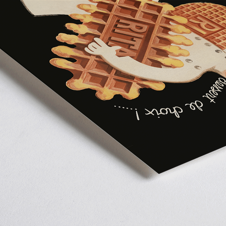 Chef holding waffles with the text dessert de choix by Leon Dupin titled Rita Gaufres. Poster of a chef holding waffles with the text Rita Gaufres Leon Dupin promoting desserts on a vintage style background.