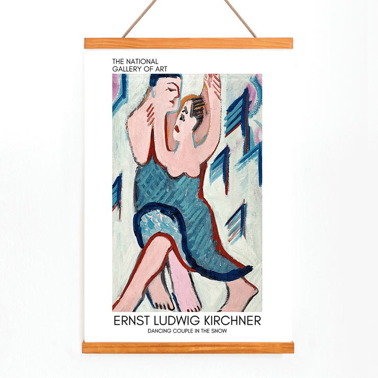 Dancing couple embracing in snowy scene by Ernst Ludwig Kirchner titled Dancing Couple in the Snow Poster of painting Dancing Couple in the Snow by Ernst Ludwig Kirchner featuring an expressive dancing scene in vibrant colors.