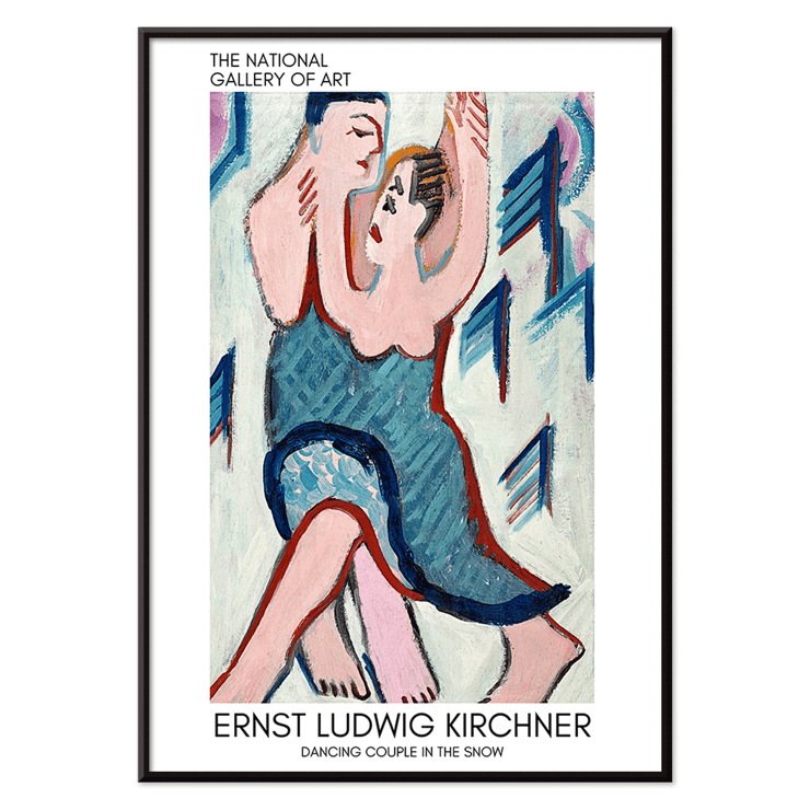 Dancing couple embracing in snowy scene by Ernst Ludwig Kirchner titled Dancing Couple in the Snow Poster of painting Dancing Couple in the Snow by Ernst Ludwig Kirchner featuring an expressive dancing scene in vibrant colors.
