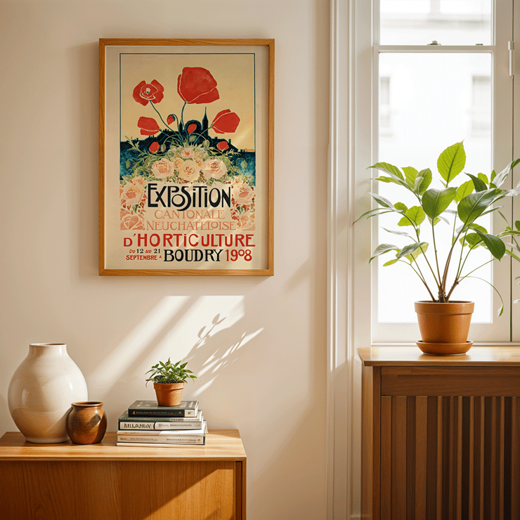 Colorful floral poster for Exposition Cantonale Neuchateloise d'horticulture de Boudry by Edmond Boitel. Poster featuring vibrant flowers and bold text Exposition Cantonale Neuchateloise d'horticulture by Edmond Boitel