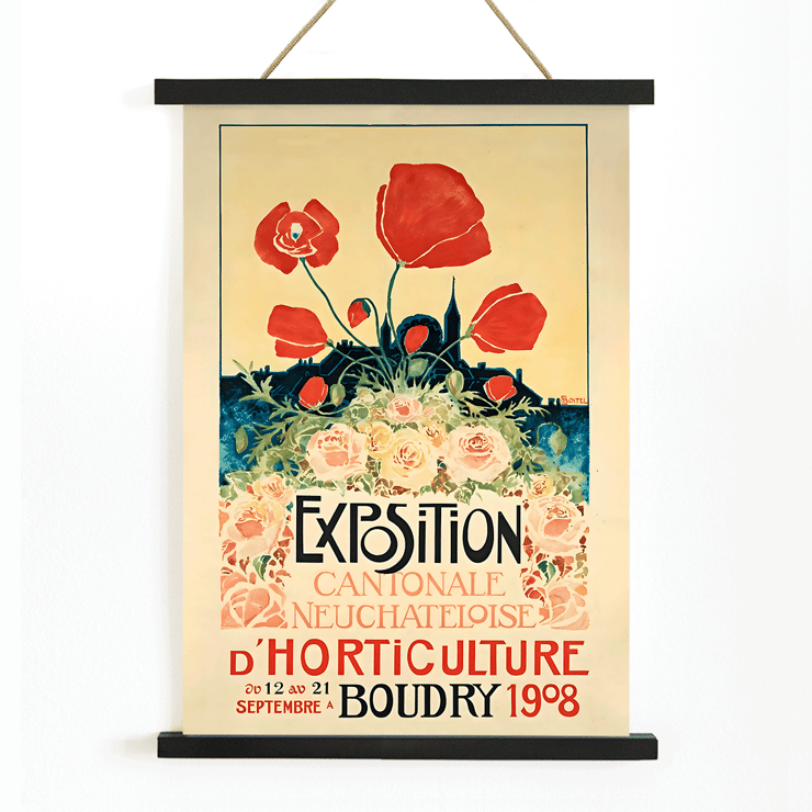 Colorful floral poster for Exposition Cantonale Neuchateloise d'horticulture de Boudry by Edmond Boitel. Poster featuring vibrant flowers and bold text Exposition Cantonale Neuchateloise d'horticulture by Edmond Boitel