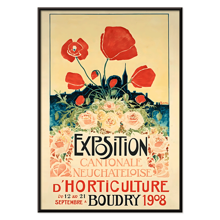 Colorful floral poster for Exposition Cantonale Neuchateloise d'horticulture de Boudry by Edmond Boitel. Poster featuring vibrant flowers and bold text Exposition Cantonale Neuchateloise d'horticulture by Edmond Boitel