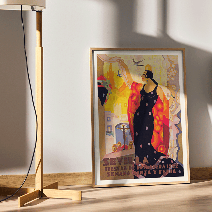 Colorful poster of a woman in a vibrant dress for Sevilla Fiestas de primavera by Balaca y Orejas-Canseco. Sevilla Fiestas de primavera poster featuring a flamenco dancer in a vibrant dress with a cityscape and birds in the background.