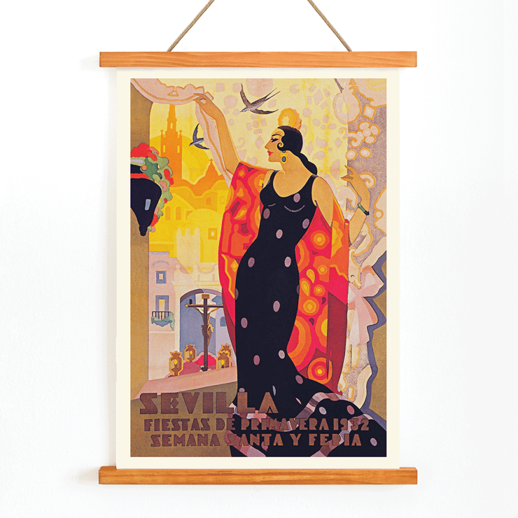 Colorful poster of a woman in a vibrant dress for Sevilla Fiestas de primavera by Balaca y Orejas-Canseco. Sevilla Fiestas de primavera poster featuring a flamenco dancer in a vibrant dress with a cityscape and birds in the background.