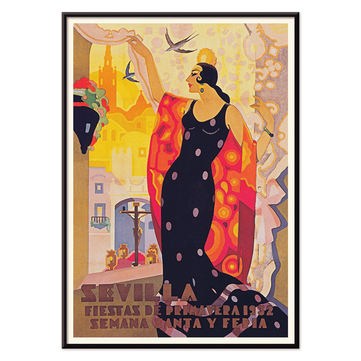 Colorful poster of a woman in a vibrant dress for Sevilla Fiestas de primavera by Balaca y Orejas-Canseco. Sevilla Fiestas de primavera poster featuring a flamenco dancer in a vibrant dress with a cityscape and birds in the background.