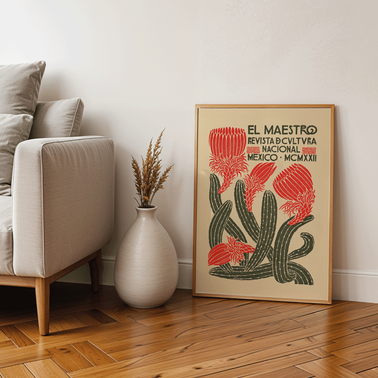 Cactus with red flowers cover art by Jose Posada El Maestro Revista de cultura nacional Mexico Poster of El Maestro Revista de cultura nacional Mexico with vibrant red flowers and green cacti artwork