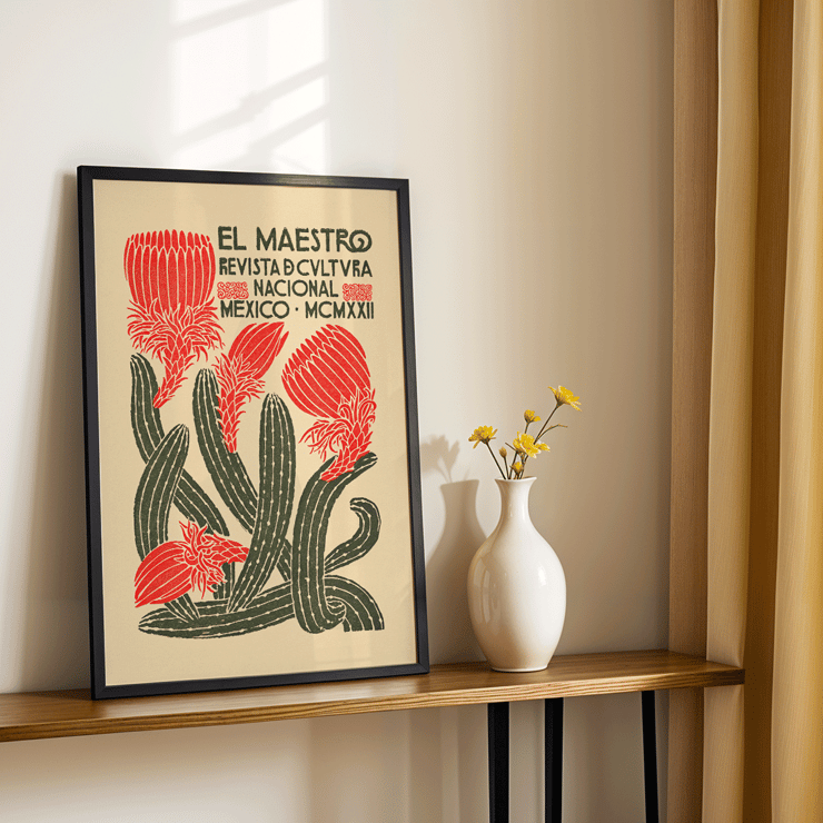 Cactus with red flowers cover art by Jose Posada El Maestro Revista de cultura nacional Mexico Poster of El Maestro Revista de cultura nacional Mexico with vibrant red flowers and green cacti artwork