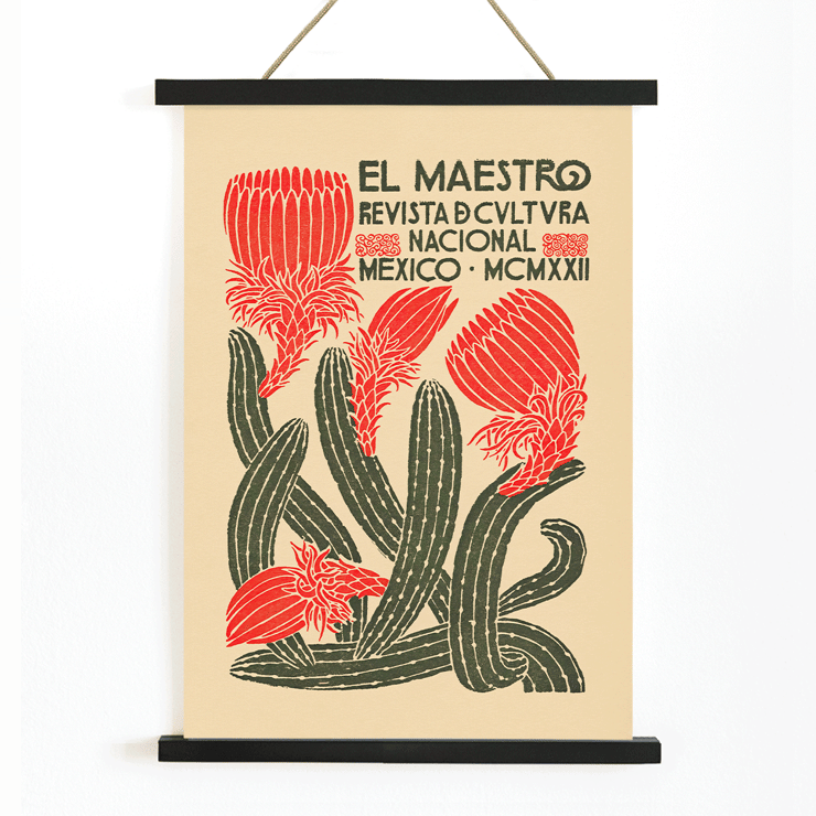 Cactus with red flowers cover art by Jose Posada El Maestro Revista de cultura nacional Mexico Poster of El Maestro Revista de cultura nacional Mexico with vibrant red flowers and green cacti artwork