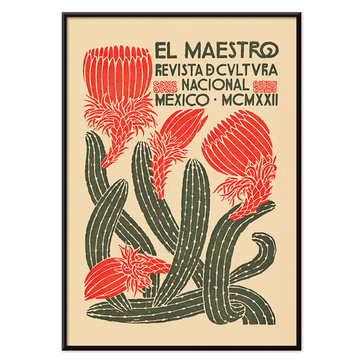 Cactus with red flowers cover art by Jose Posada El Maestro Revista de cultura nacional Mexico Poster of El Maestro Revista de cultura nacional Mexico with vibrant red flowers and green cacti artwork