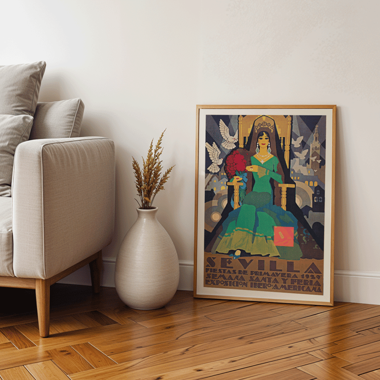 Illustrated poster of Sevilla Fiestas de primavera by artist for Semana Santa and Feria Exposición Ibero-Americana. Art Deco poster of Sevilla Fiestas de primavera depicting a woman in a green dress with doves and cityscape in the background.