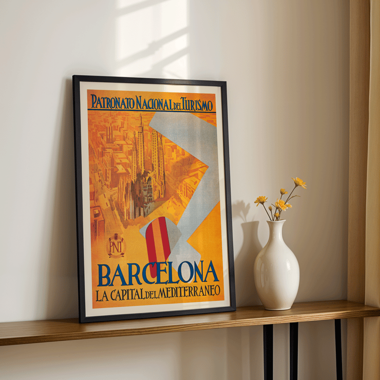 Poster by Patronato Nacional del Turismo titled Barcelona La Capital del Mediterraneo featuring the city skyline and a cathedral. Poster promoting Barcelona with artwork titled La Capital del Mediterraneo featuring the cityscape and flying flag.
