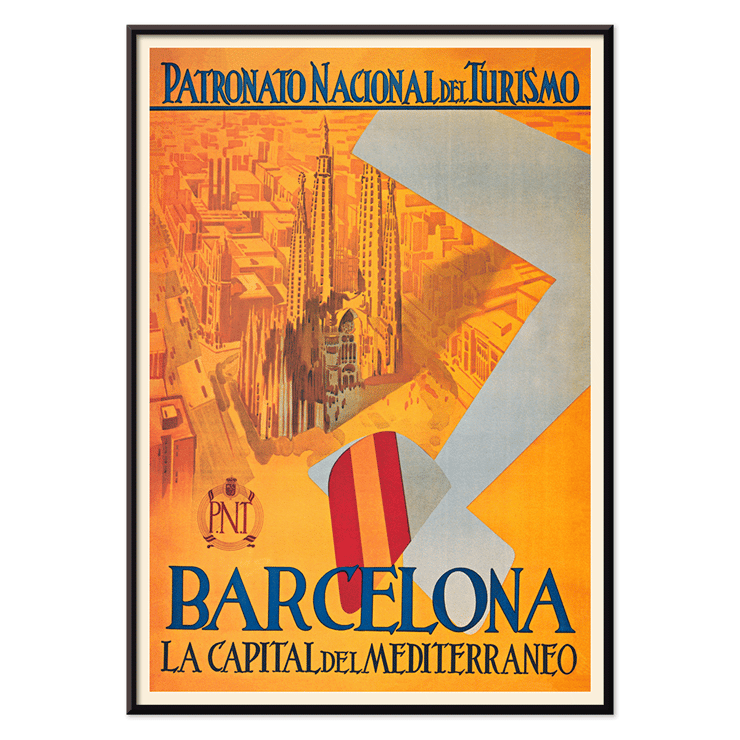 Poster by Patronato Nacional del Turismo titled Barcelona La Capital del Mediterraneo featuring the city skyline and a cathedral. Poster promoting Barcelona with artwork titled La Capital del Mediterraneo featuring the cityscape and flying flag.