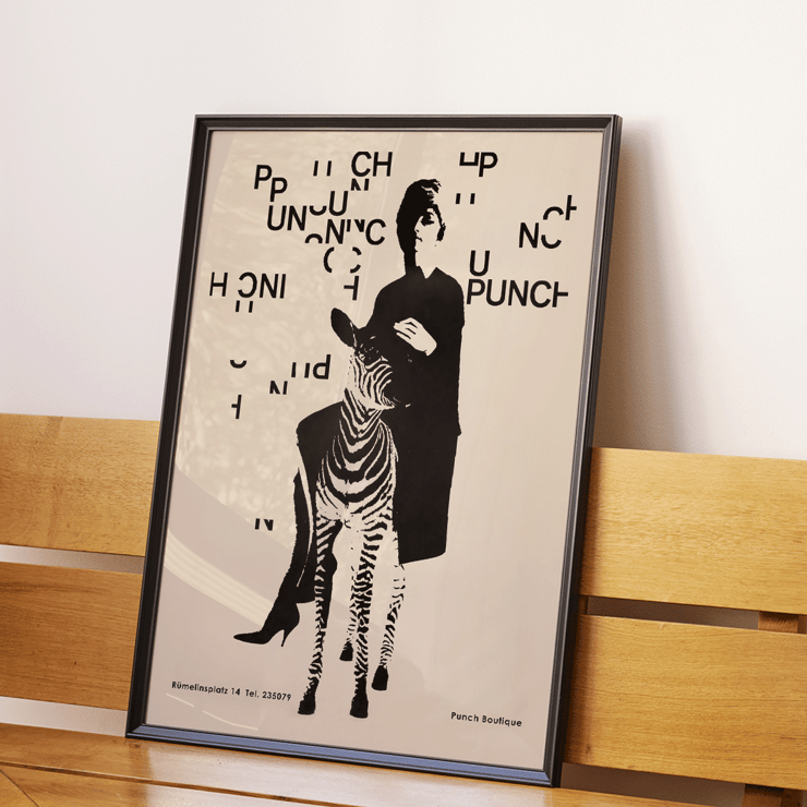 Fashionable woman with a zebra by Paul Mitzkat Punch Boutique Poster Punch Boutique Poster by Paul Mitzkat features a monochrome design with a woman and zebra surrounded by floating text elements.